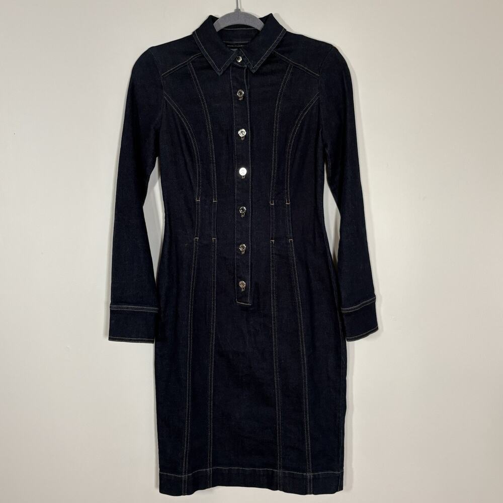 White House Black Market Denim Dress Midi 0 Long Sleeve Contrast Stitch Button